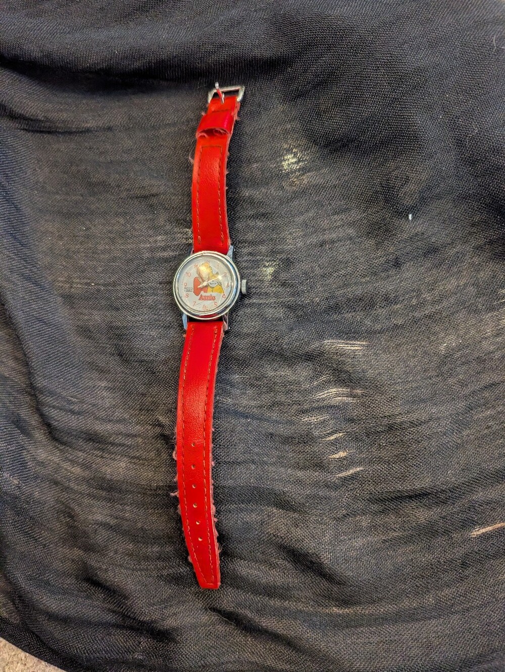 Red Leather Strap Watch w/ Character Dial Picco Little Orphan Annie & Sandy Vtg